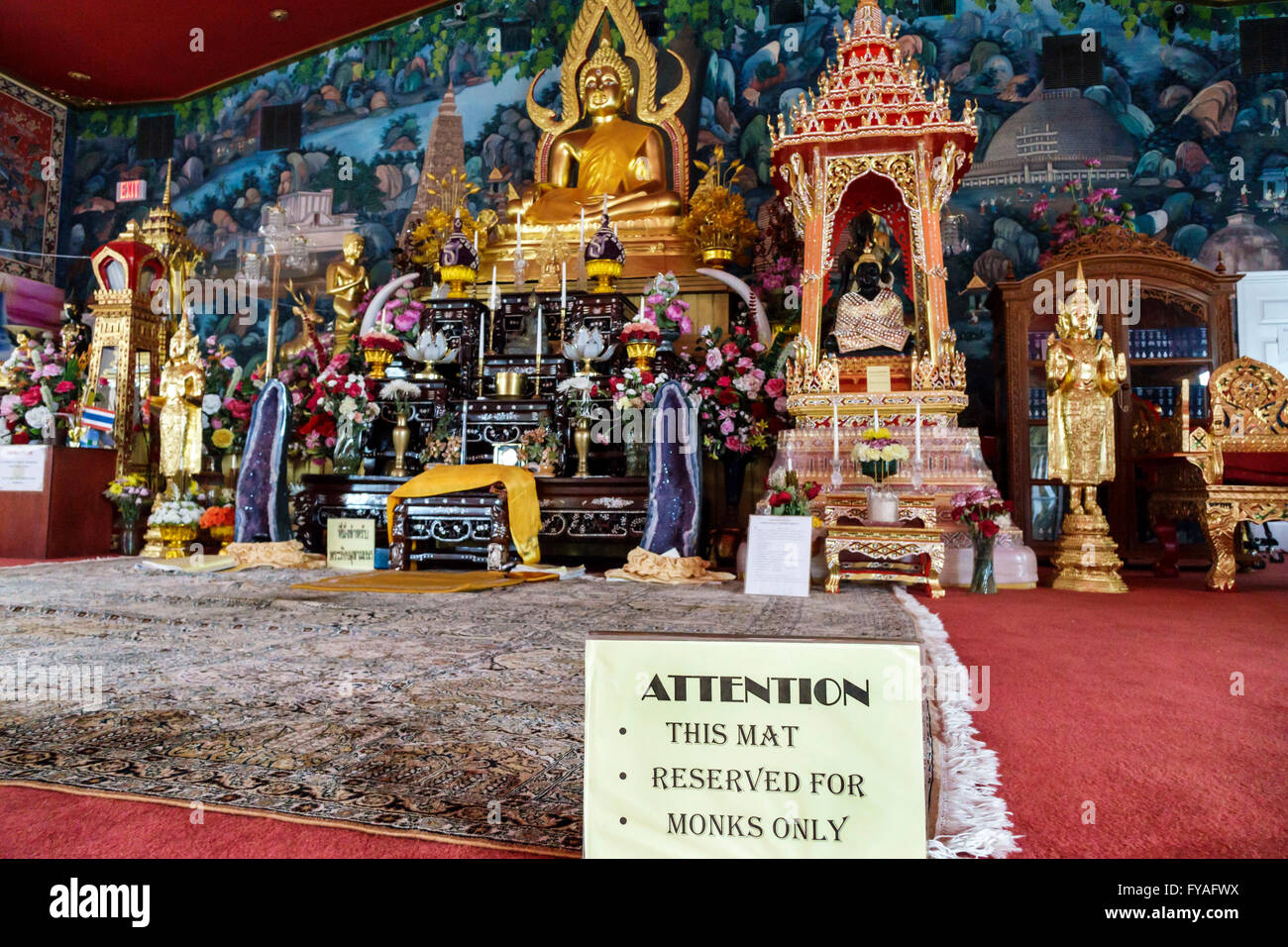 Kissimmee Florida,Orlando Wat Florida Dhammaram Buddhist Monastery,temple,interior inside,altar,mat reserved monks only,FL160402026 Stock Photo