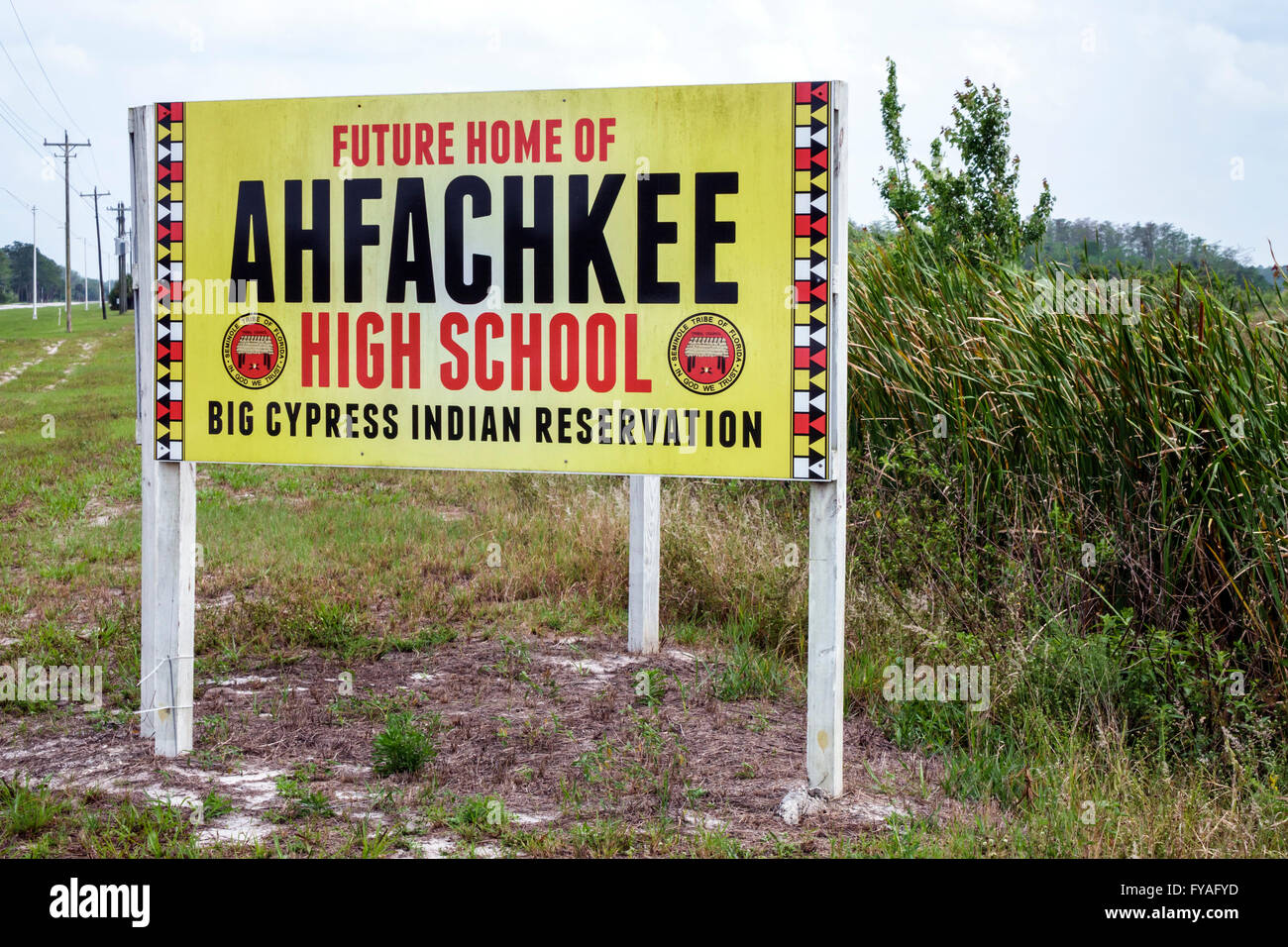 Florida Big Cypress Seminole Tribe Indian Reservation,sign,future home Ahfachkee High School,FL160403006 Stock Photo
