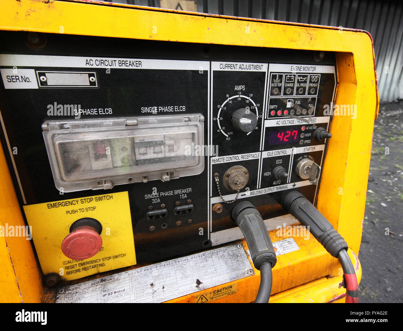 Section of control panel for mobile electric welding unit. Stock Photo
