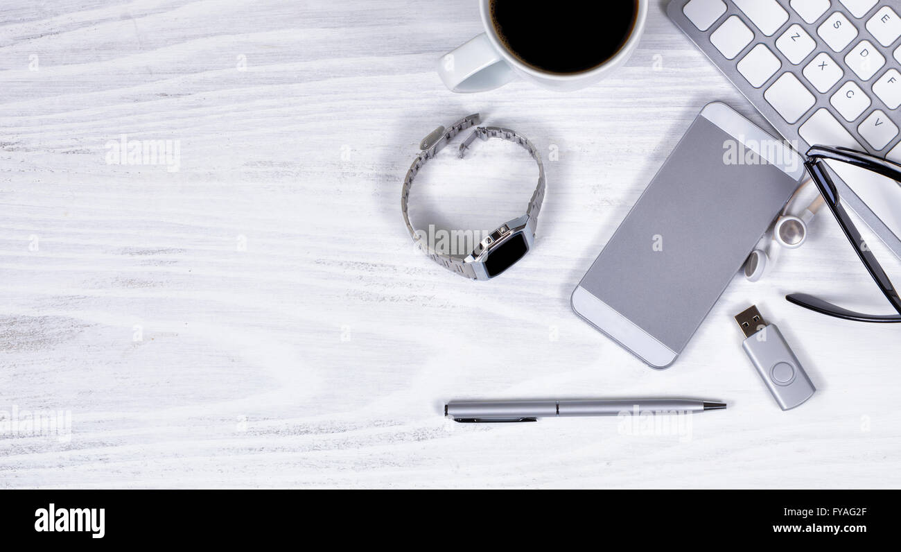 White desktop with daily working items. Stock Photo