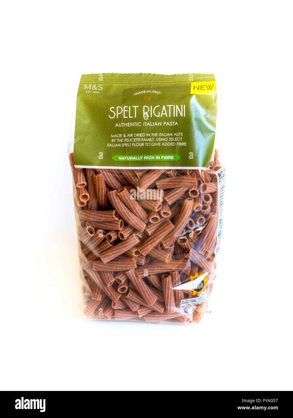 A packet of M&S Spelt Rigatini Pasta Air dried and made using spelt flour in the Italian Alps Stock Photo