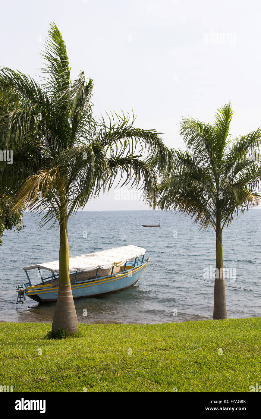 Floating touristic boat near bright coast with windy palms. Lake Victoria, Tanzania Stock Photo