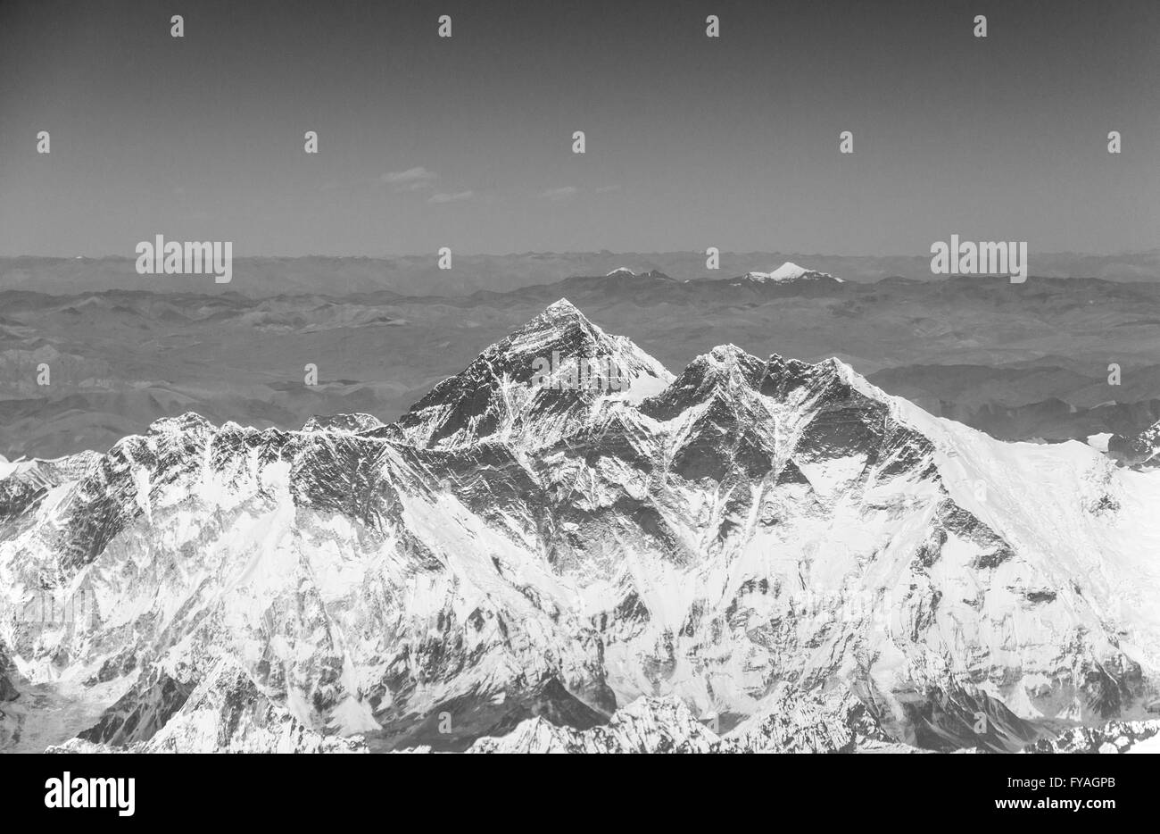 Mount Everest as seen on the flight from Paro, Bhutan to Kathmandu, Nepal Stock Photo