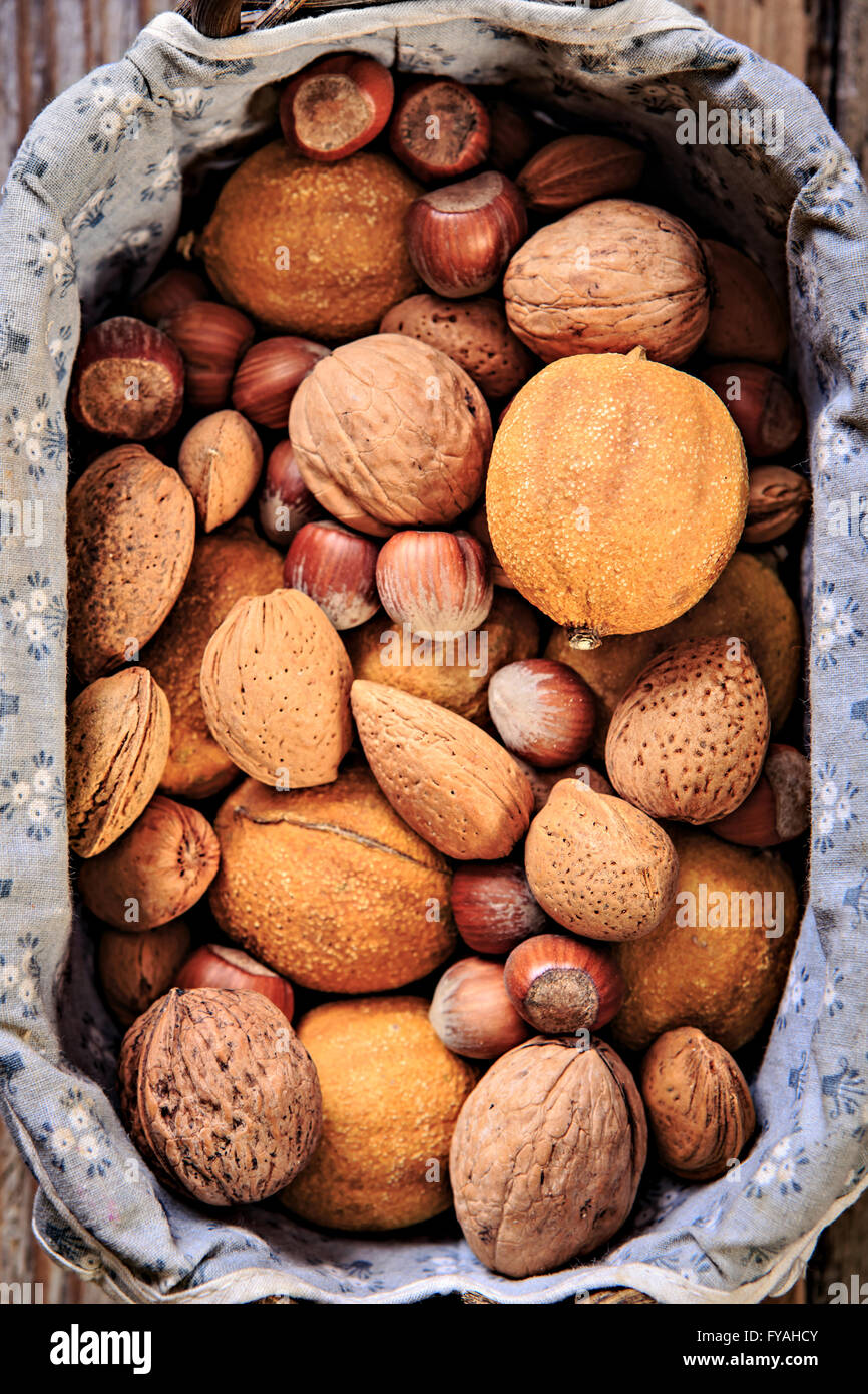 still life with nuts in a basket Stock Photo