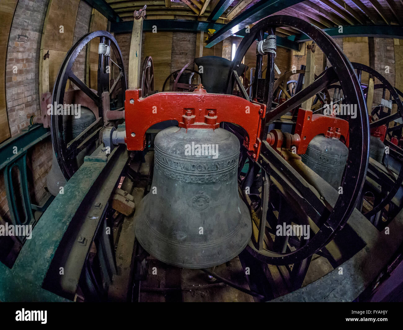 Bells in bell tower, Selby Abbey, North Yorkshire, UK. Stock Photo