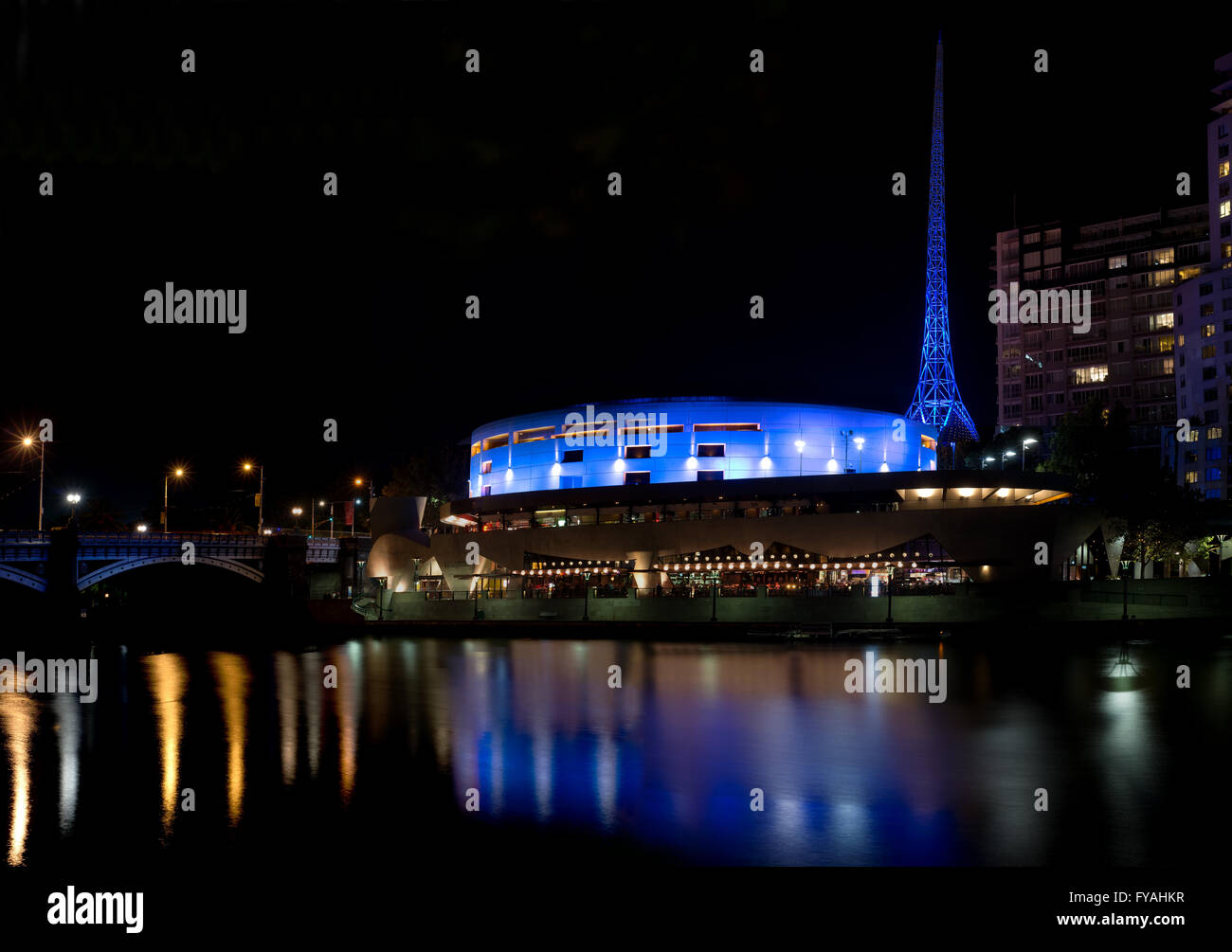A panoramic photo of Hamer hall, Arts Centre tower and Princes bridge