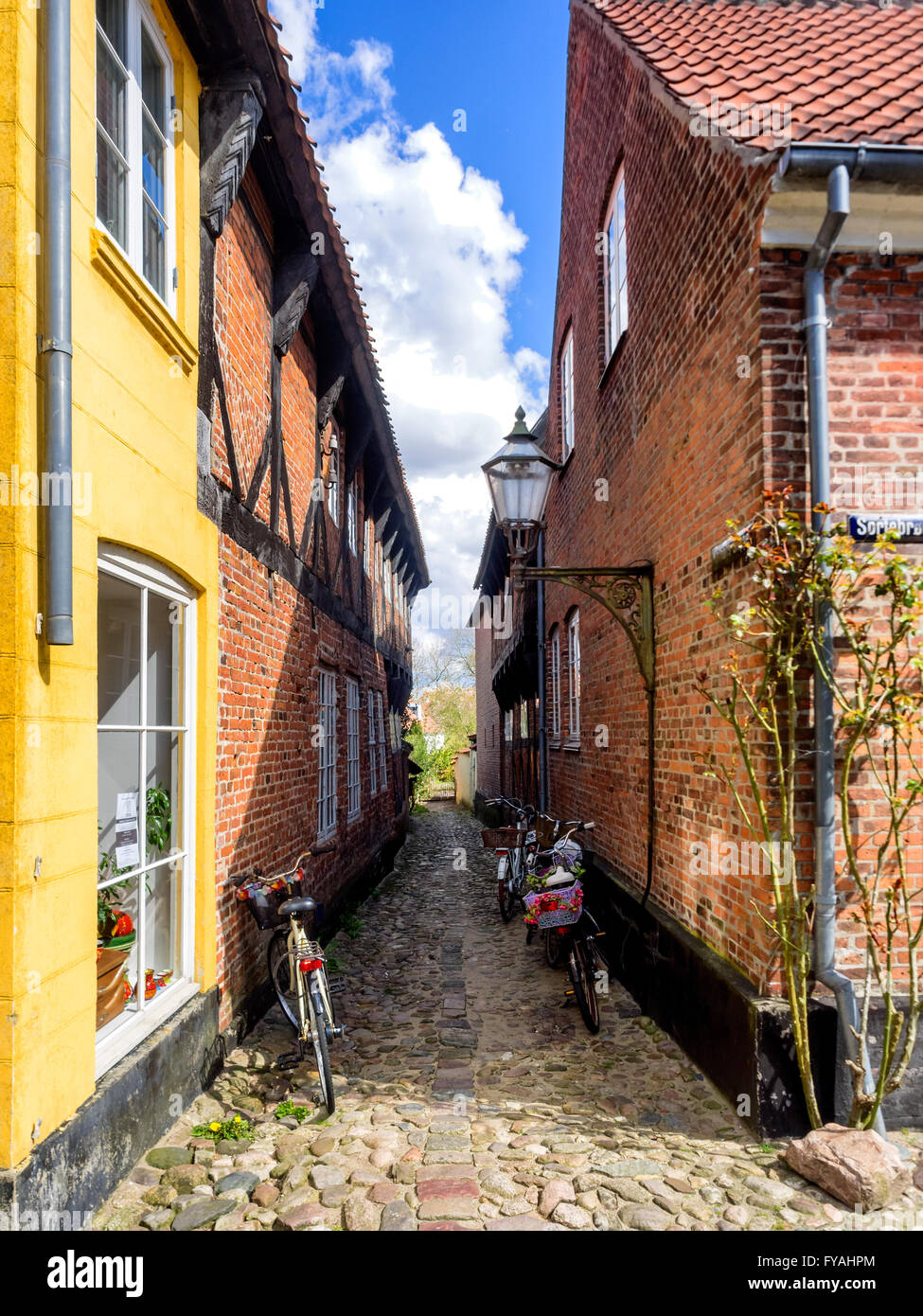 Homes on cobbled streets in Ribe in Denmark Stock Photo