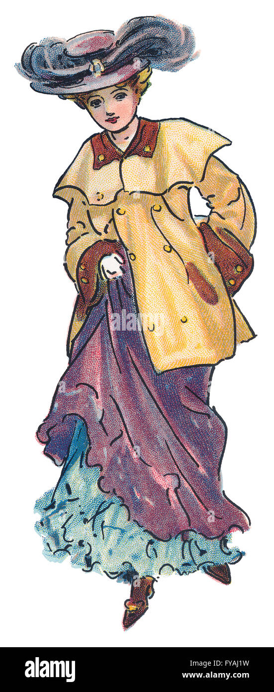 Colour illustration of an Edwardian lady in a purple dress, tan coat and picture hat. Stock Photo