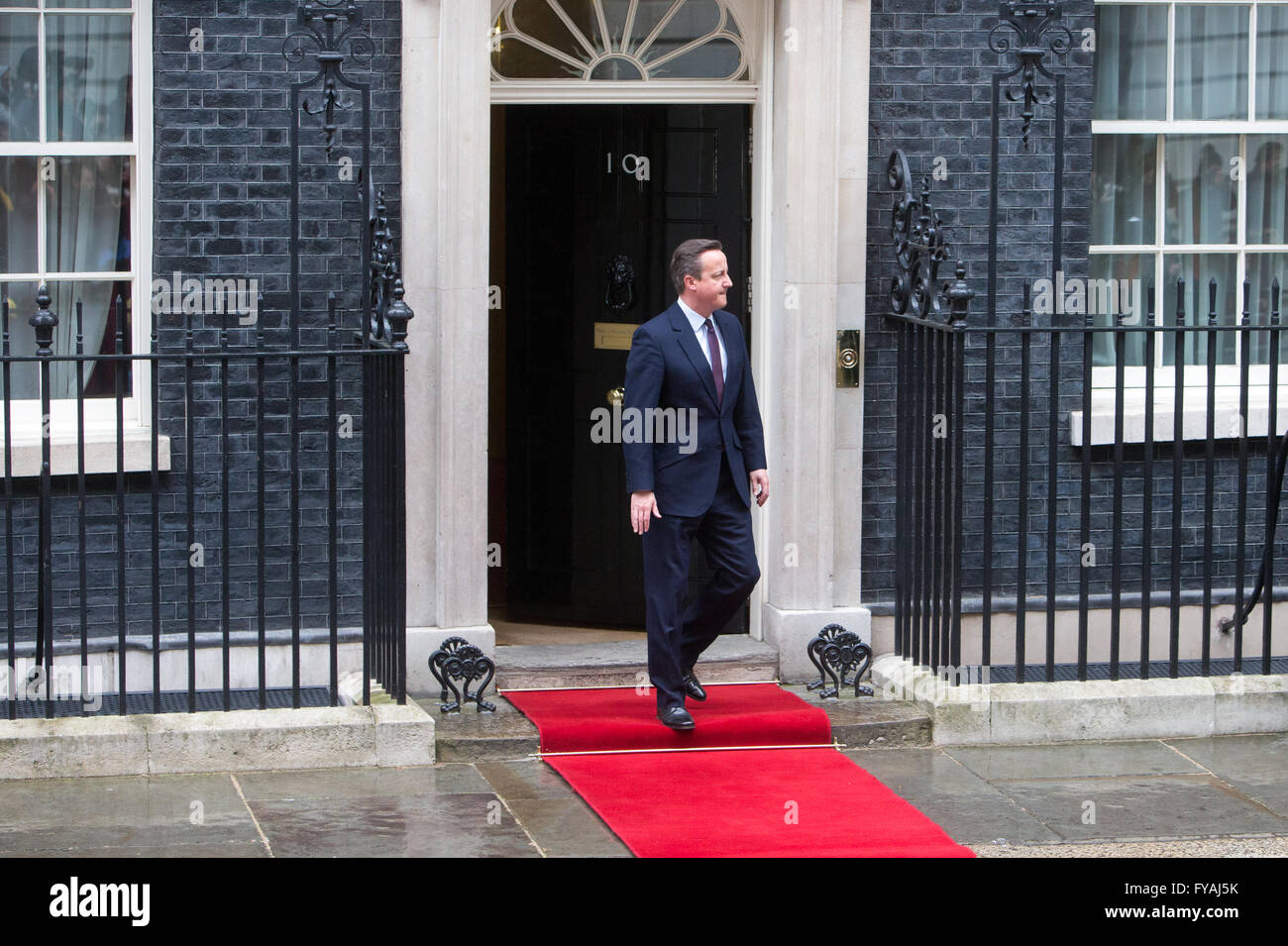 Prime Minister,David Cameron, on the doorstep of number 10 Downing Street awaiting the arrival of President Obama Stock Photo