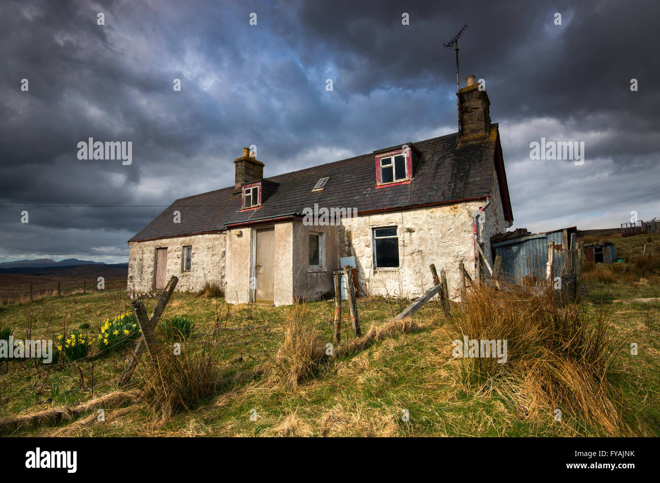 A deserted crofters cottage, bathed in dramatic afternoon light, Sutherland Scotland UK Stock Photo