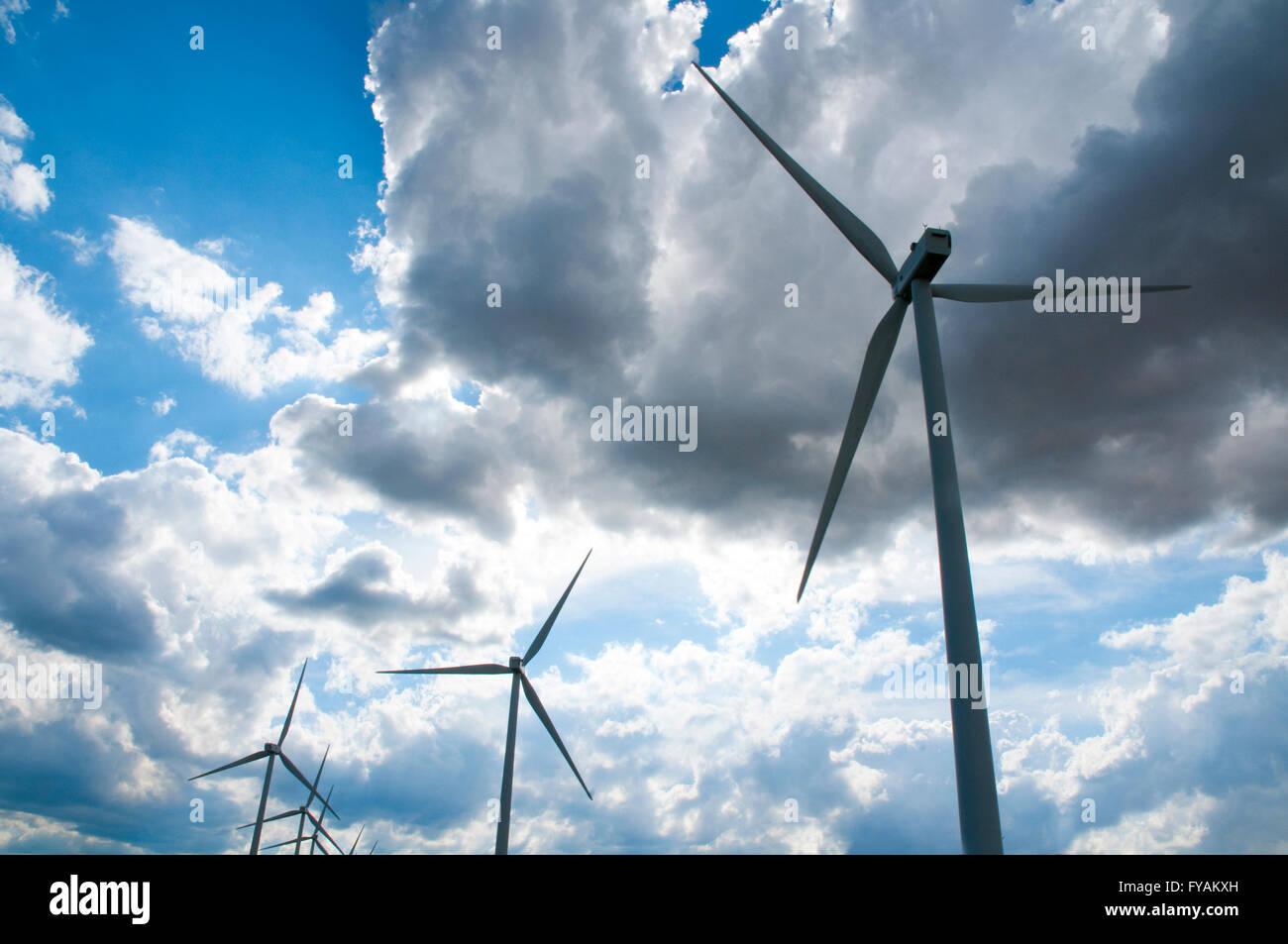 Wind farm. Sierra de Pela, Guadalajara province, Castilla La Mancha, Spain. Stock Photo