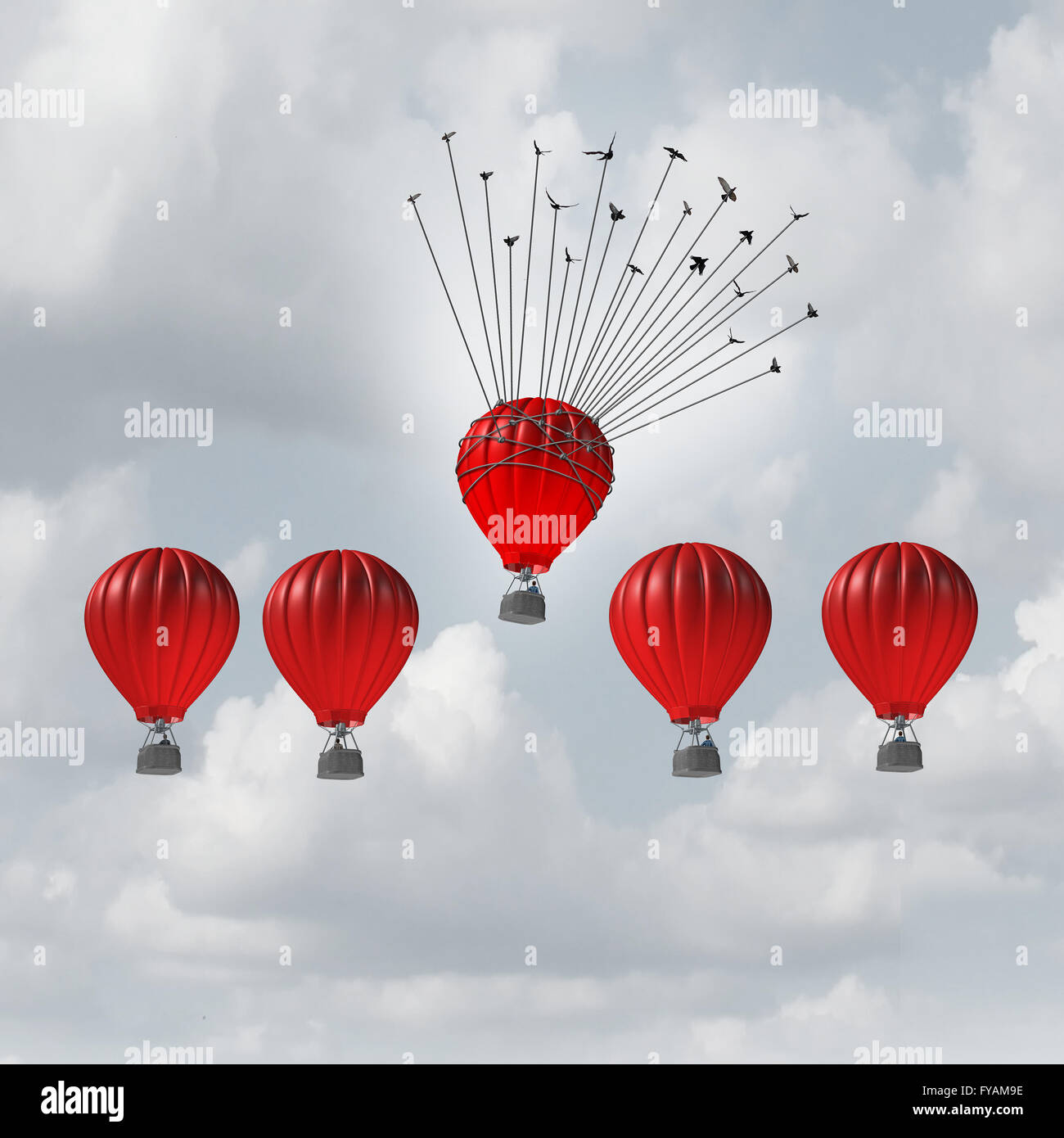 Group help concept competitive edge and business advantage concept as a group of 3D illustration hot air balloons racing to the Stock Photo