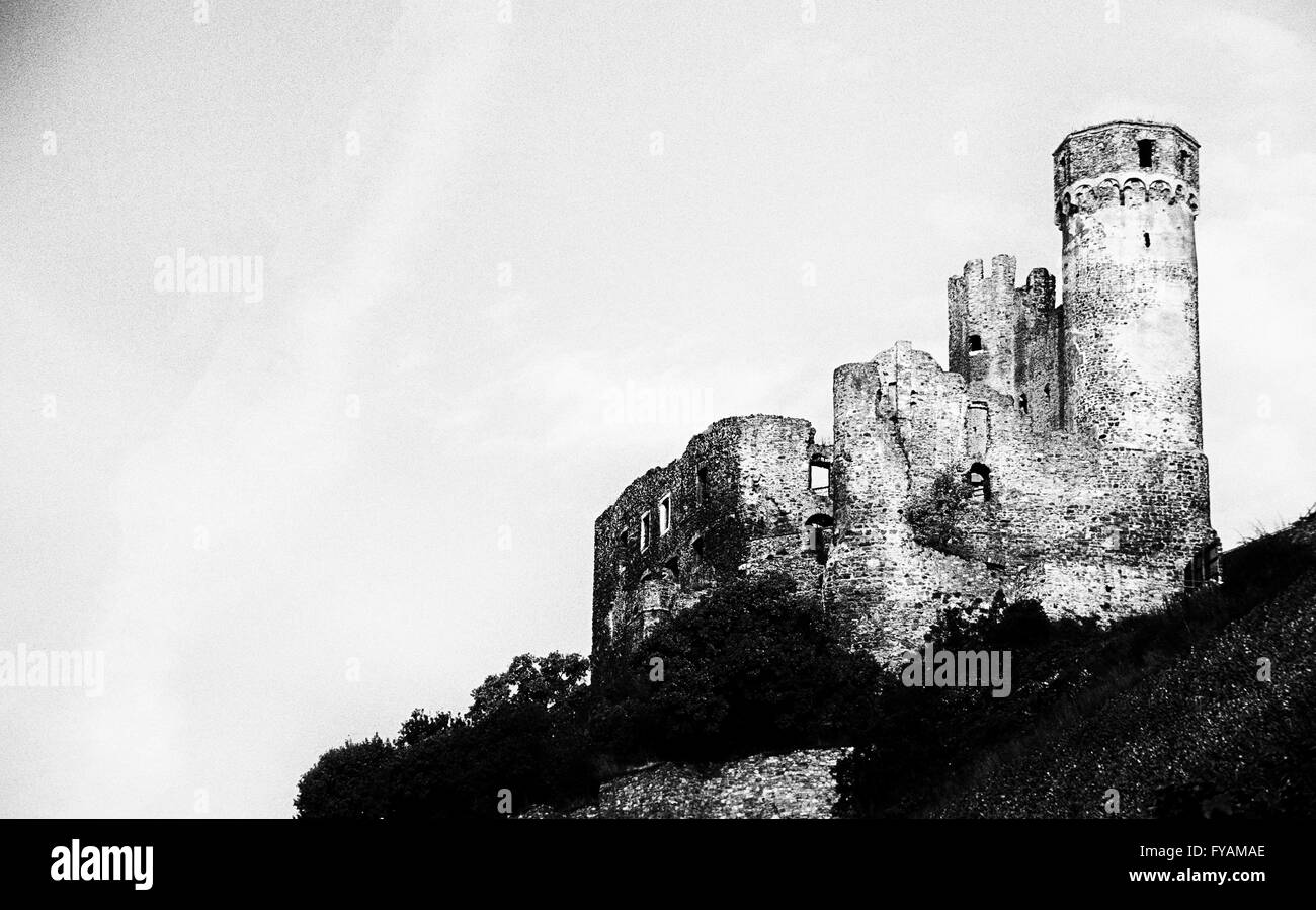 Ruined Castle Ehrenfels Rudesheim Hesse Germany Europe in Black & White Stock Photo
