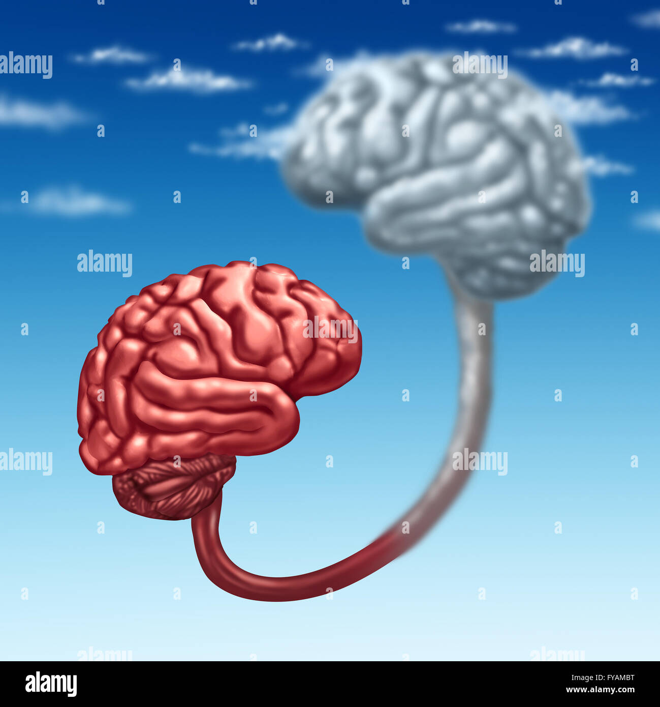 Upload to the cloud as a human organic mind uploaded to a virtual server in digital space as a futuristic technology concept and metaphor with a 3D illustration organ connected to a wireless database. Stock Photo