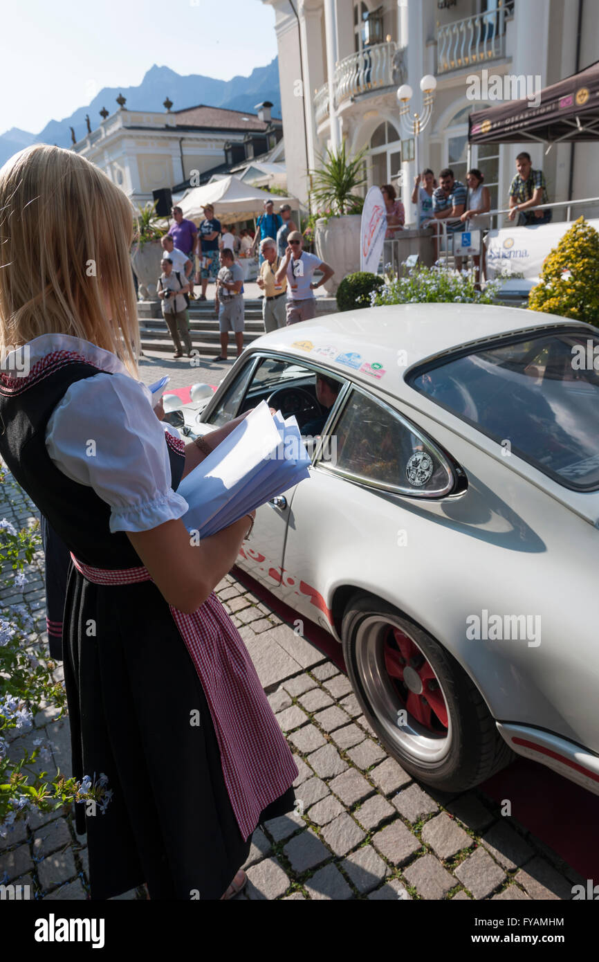 Merano, Italy - July 9, 2015: Porsche 911 Carrera RS front of the Spy house on the passer promenade Stock Photo