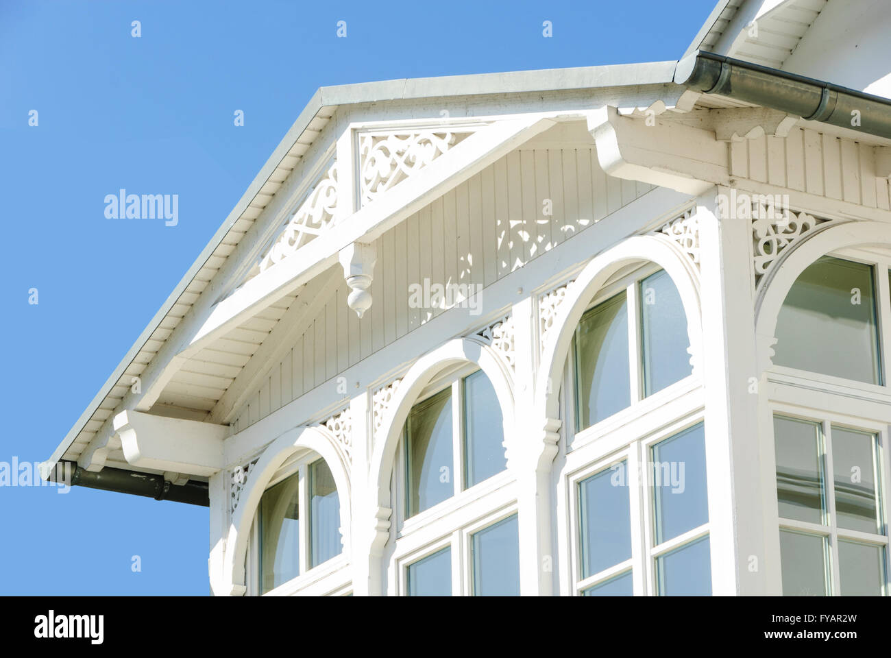 Wooden Porch Of A House In Binz With Frieze And Cornice Stock