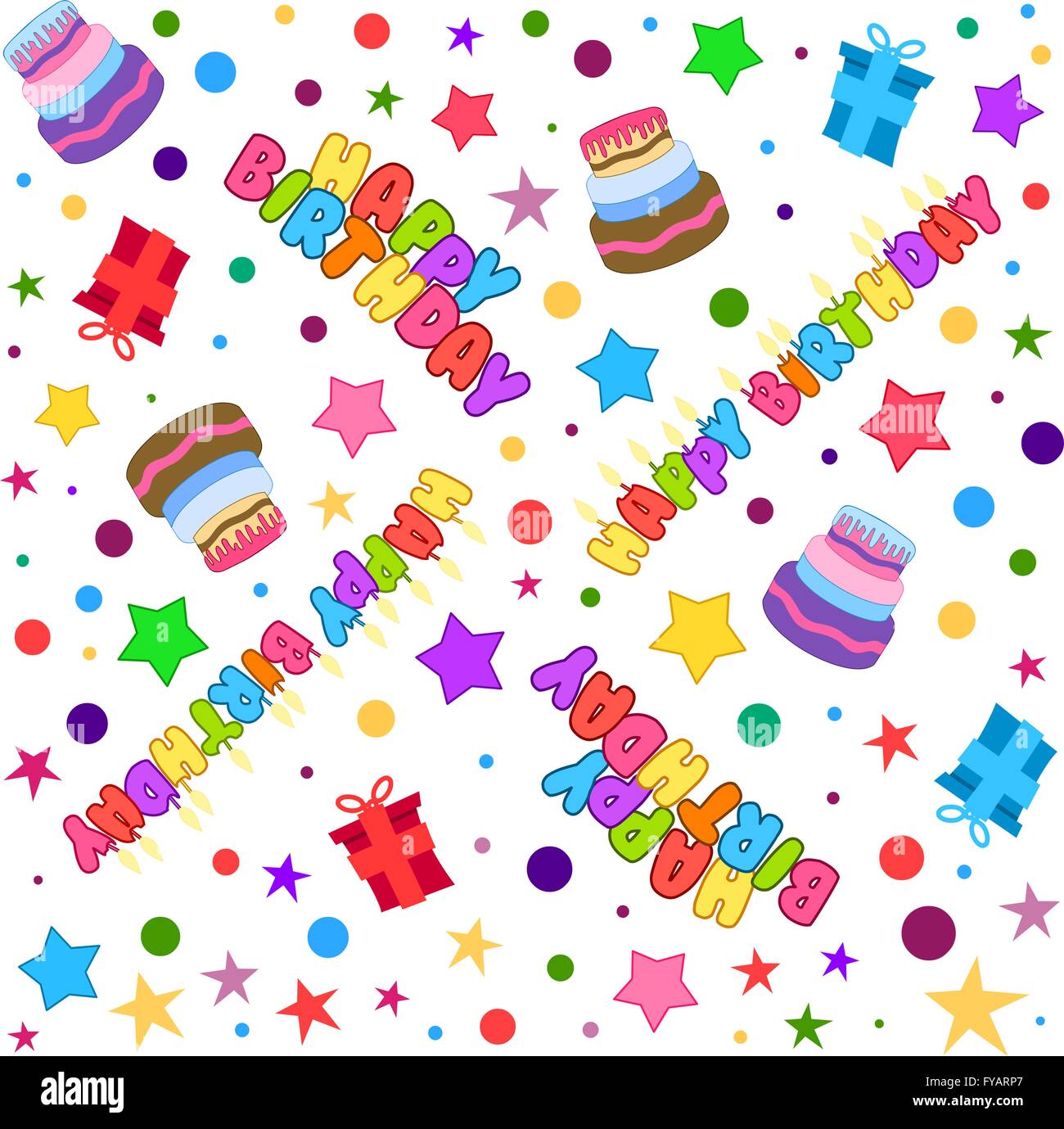 Vector illustration pattern of colorful Happy Birthday text cake presents and stars. Stock Vector