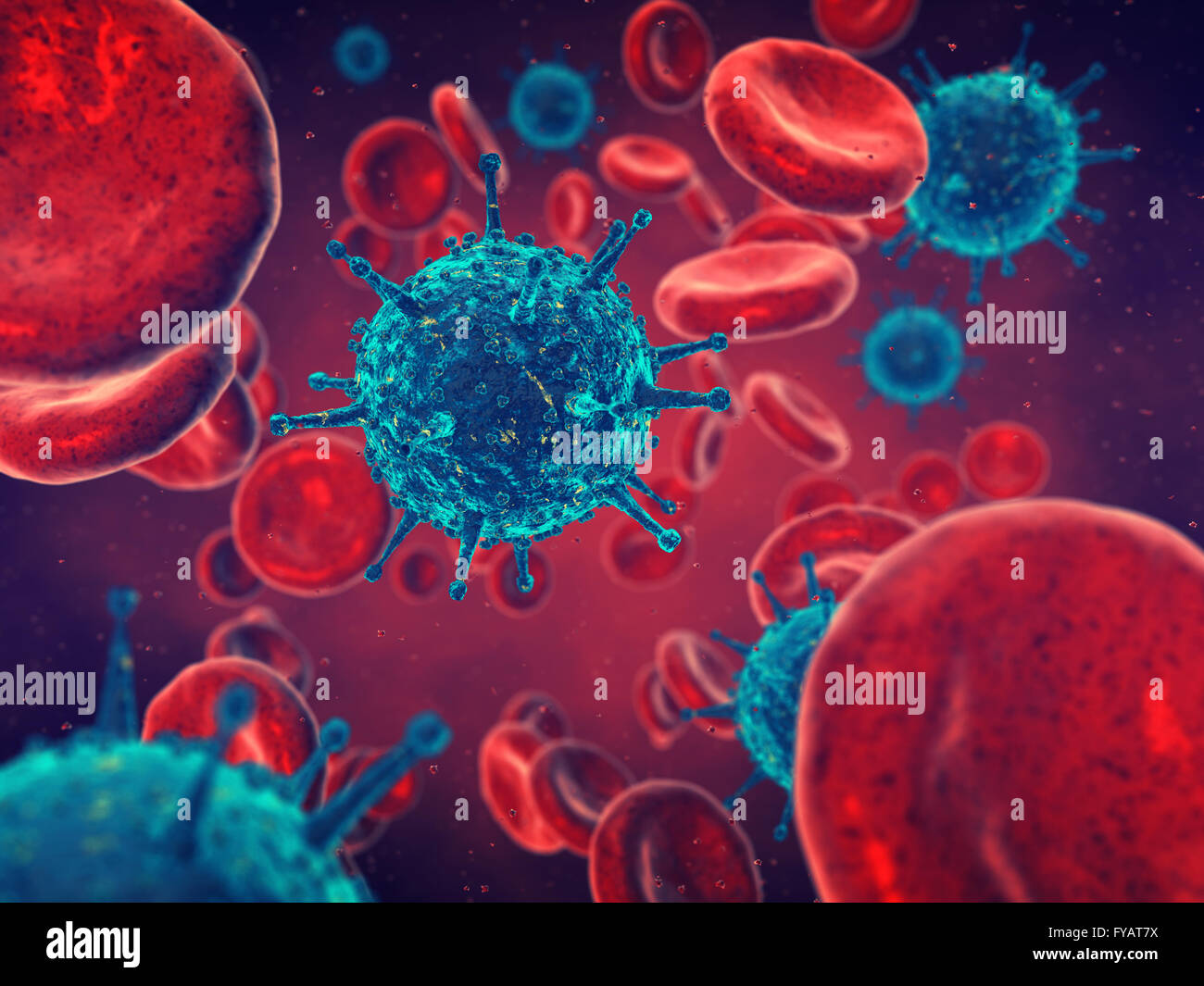 Viruses and red blood cells , contaminated blood , Disease Stock Photo
