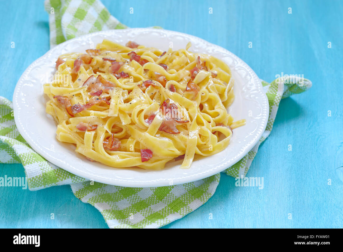 Pasta Carbonara with bacon and cheese Stock Photo