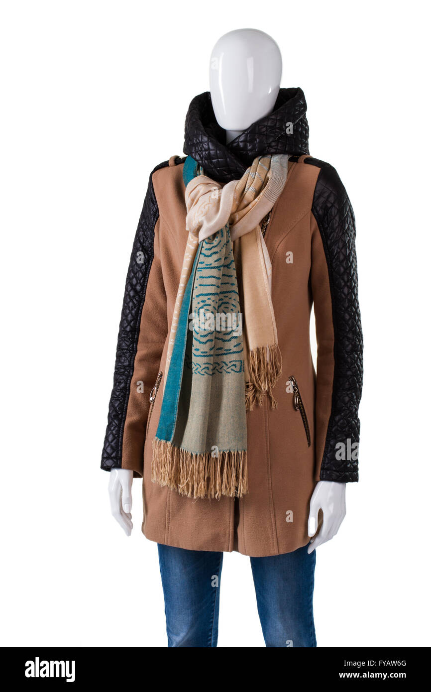 Long brown jacket with scarf. Stock Photo