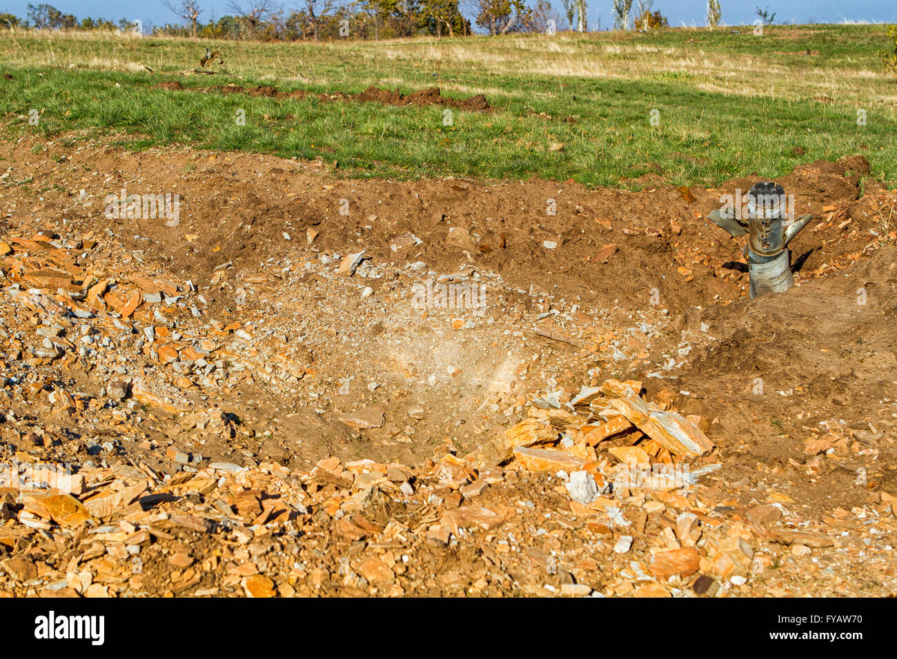 unexploded ordnance from multiple rocket launchers degrees in Donetsk Stock Photo