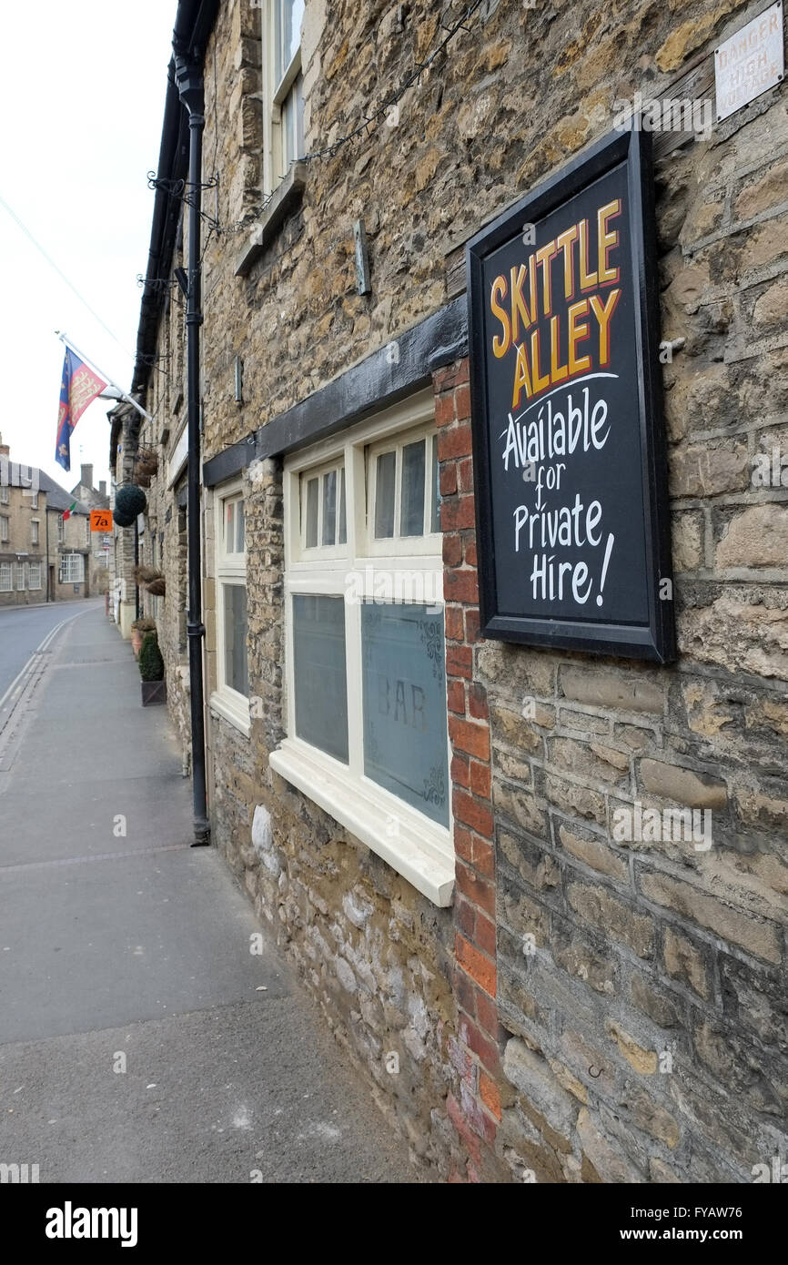 Sign for a Skittle Alley at the Plough Inn, Fairford, Gloucestershire, England, UK. Stock Photo