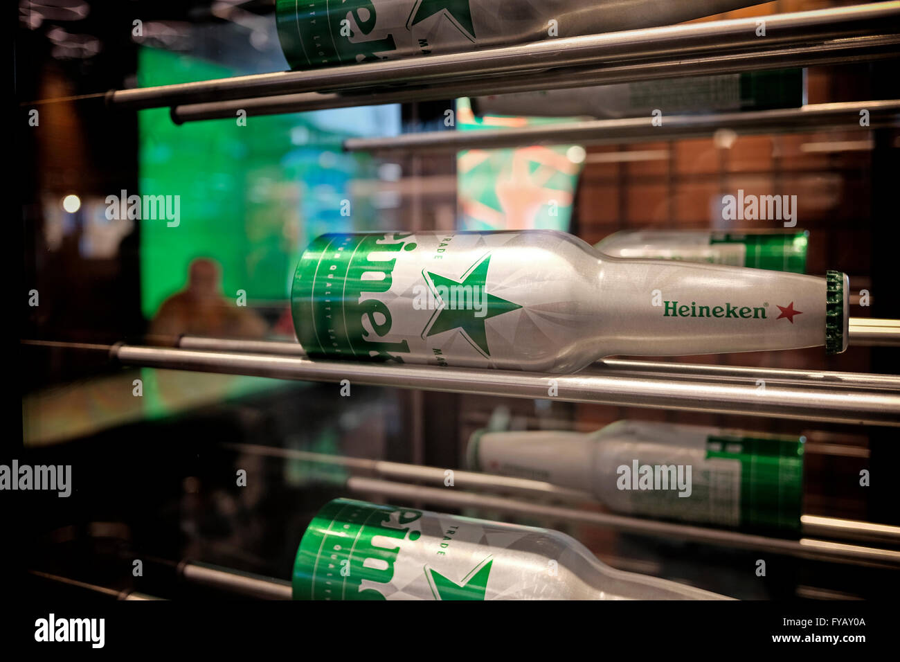 Bottles of Heineken Lager Beer in a bar in Schiphol airport in Amsterdam Netherlands Stock Photo