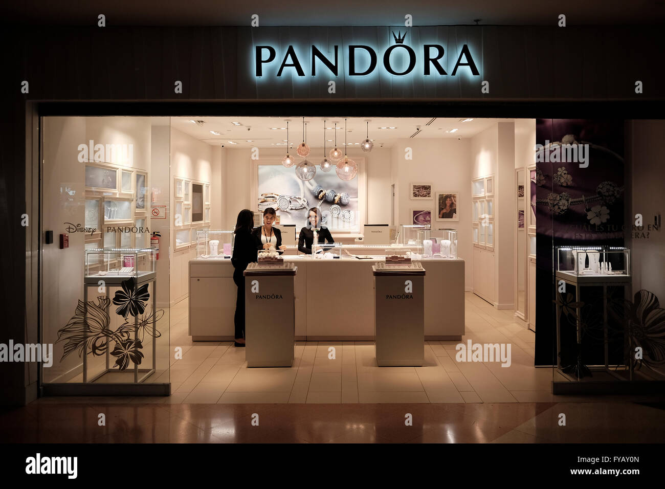 A Pandora jewellery store in Tocumen International Airport in Panama city Panama. Pandora is a Danish jewellery manufacturer which markets its products in more than 100 countries on six continents with more than 6,700 points of sale. Stock Photo