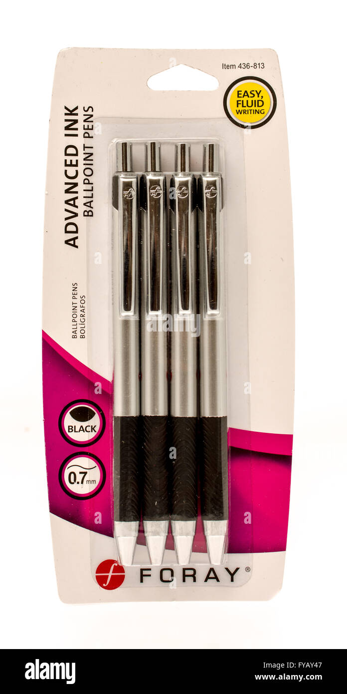 Winneconne, WI -27 Sept 2015:  Package of Foray advanced ink ball point pens. Stock Photo