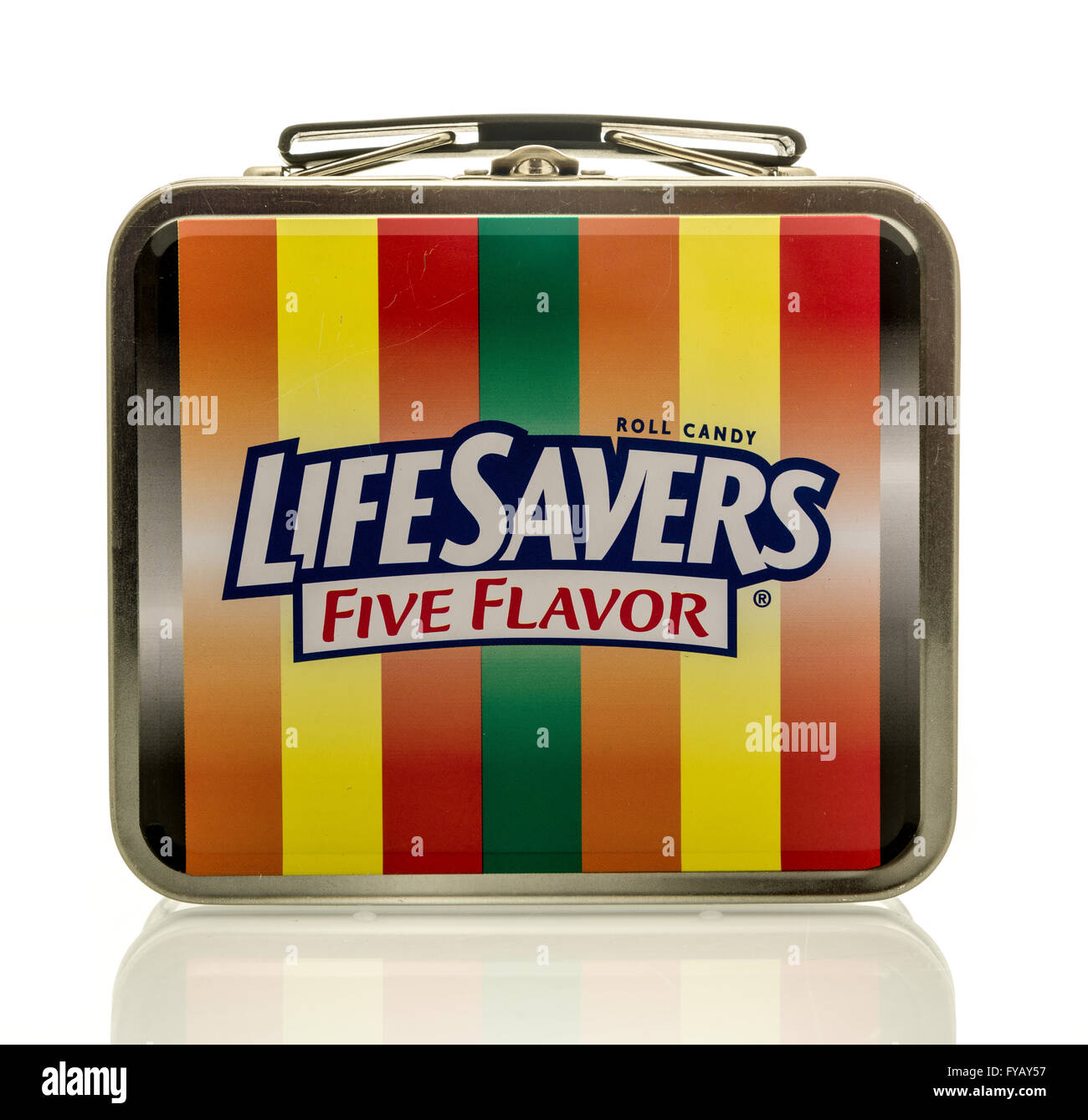 Winneconne, WI - 17 April 2016:  Lunch box featuring Lifesavors Nintendo on an isolated background Stock Photo