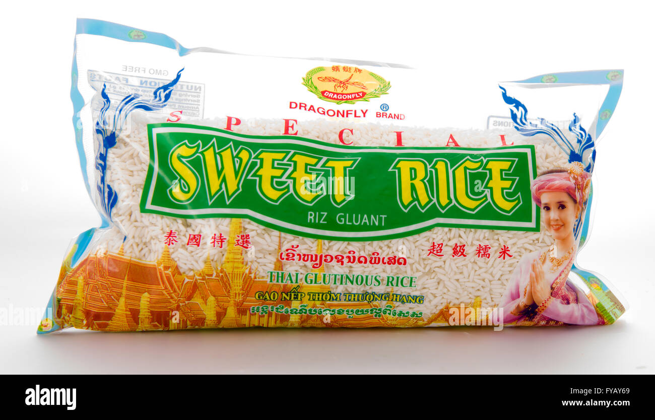 Winneconne, WI - 21 February 2015:  Bag of Special Sweet Rice imported by the Dragonfly company. Stock Photo