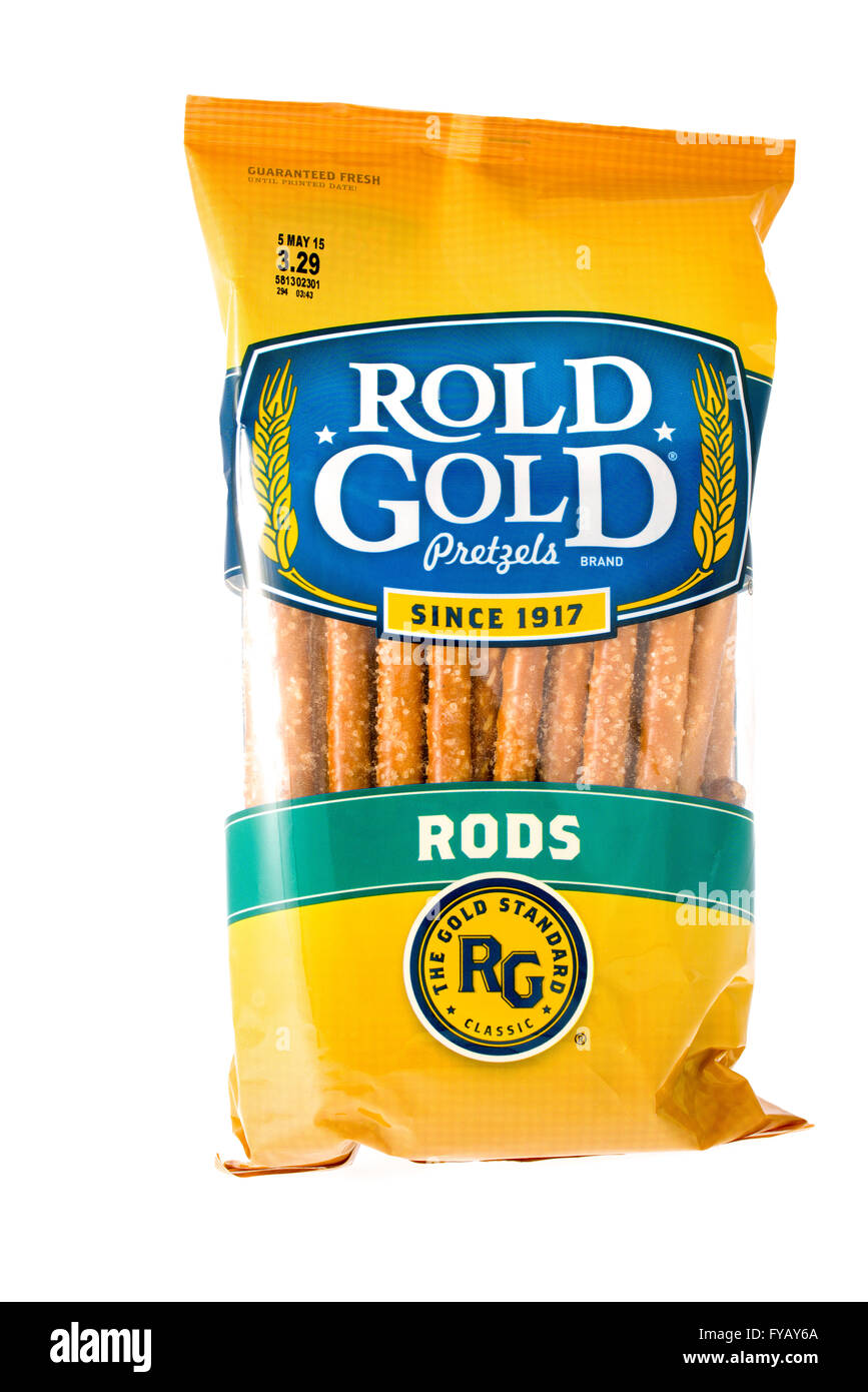 Winneconne, WI, 9 April 2015 Bag of Rold Gold pretzel rods which is