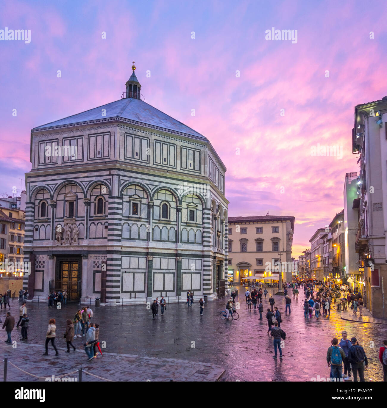 Florence Italy Baptistery in the rain at sunset Stock Photo