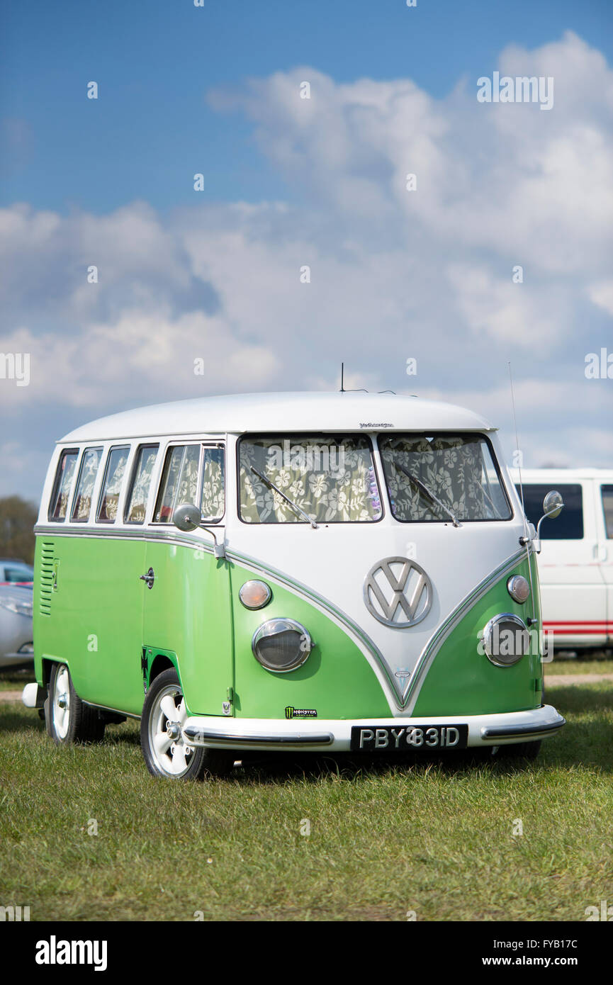 Green and white VW Split Screen Volkswagen camper van at a VW show.  England Stock Photo