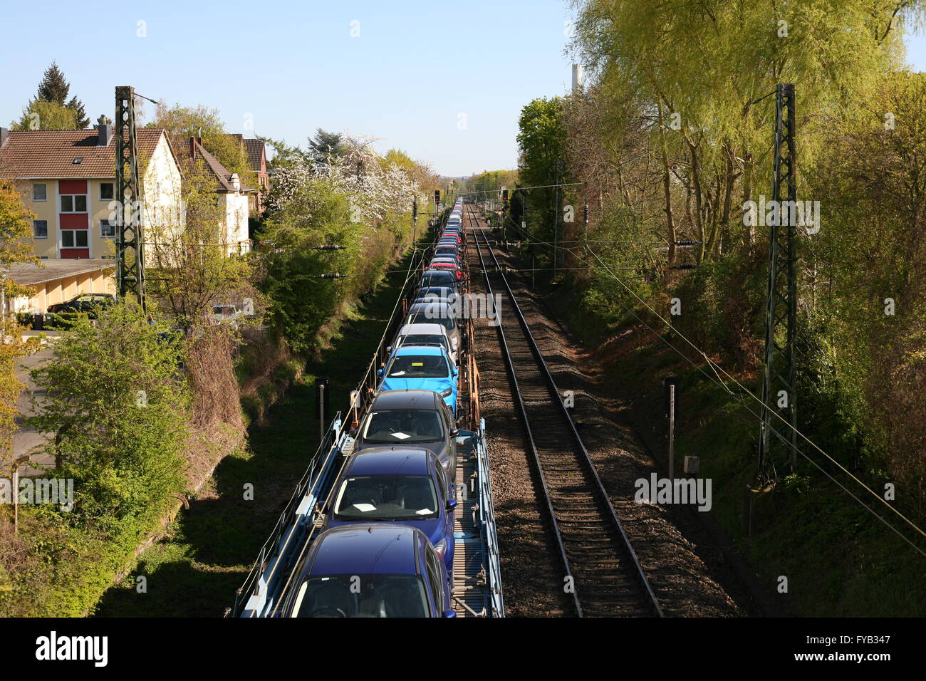 freight train with cars, in Bonn, Germany Stock Photo