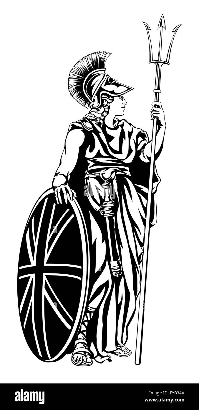 Illustration of Britannia, personification of Britain, holding a Union Jack Shield and trident Stock Photo