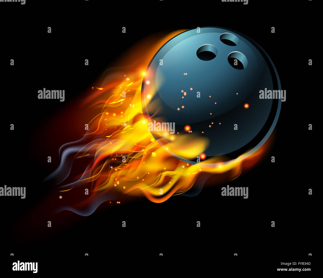 A flaming Bowling ball on fire flying through the air Stock Photo