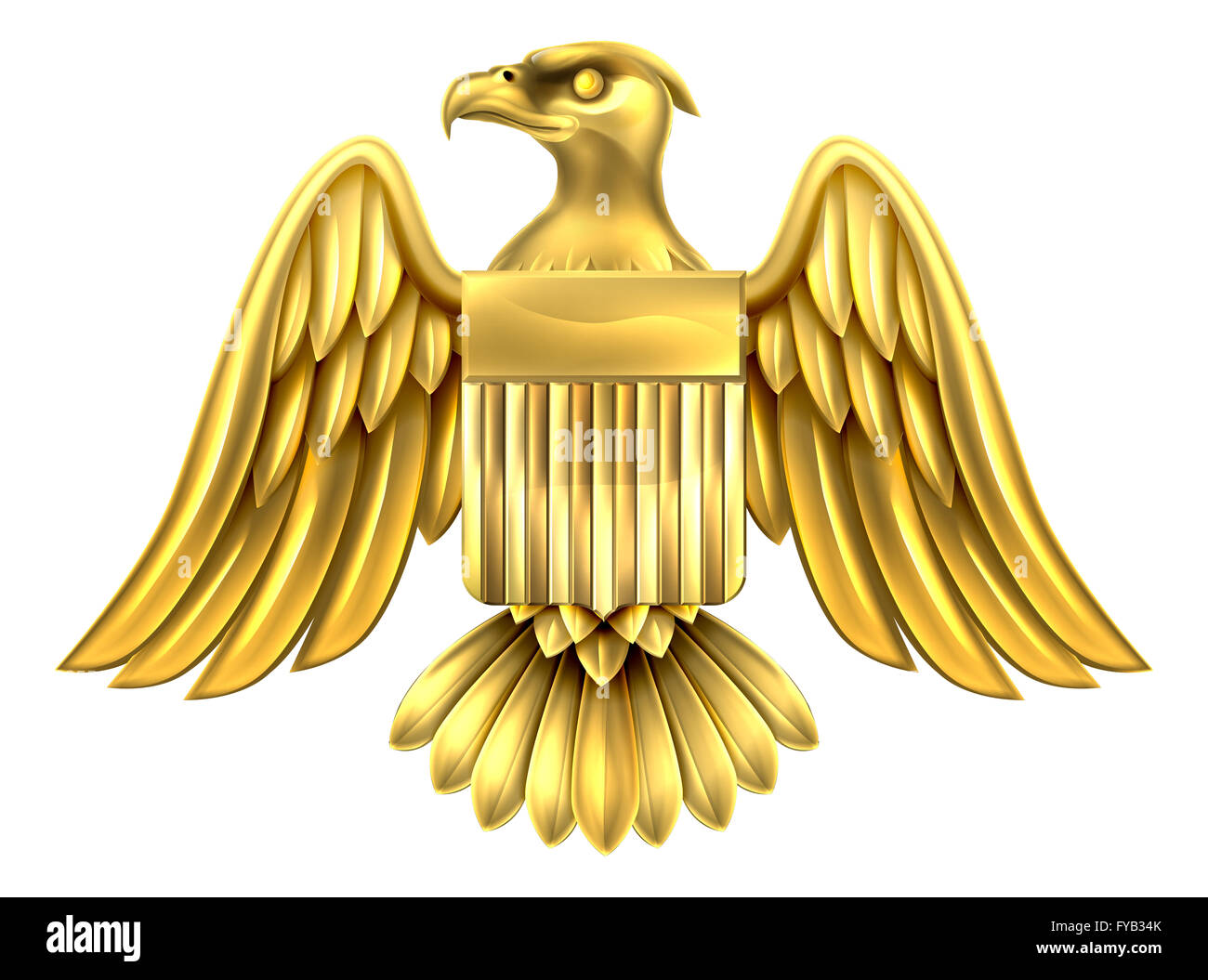 Gold metal American Eagle Design with bald eagle of the United States with American flag shield Stock Photo