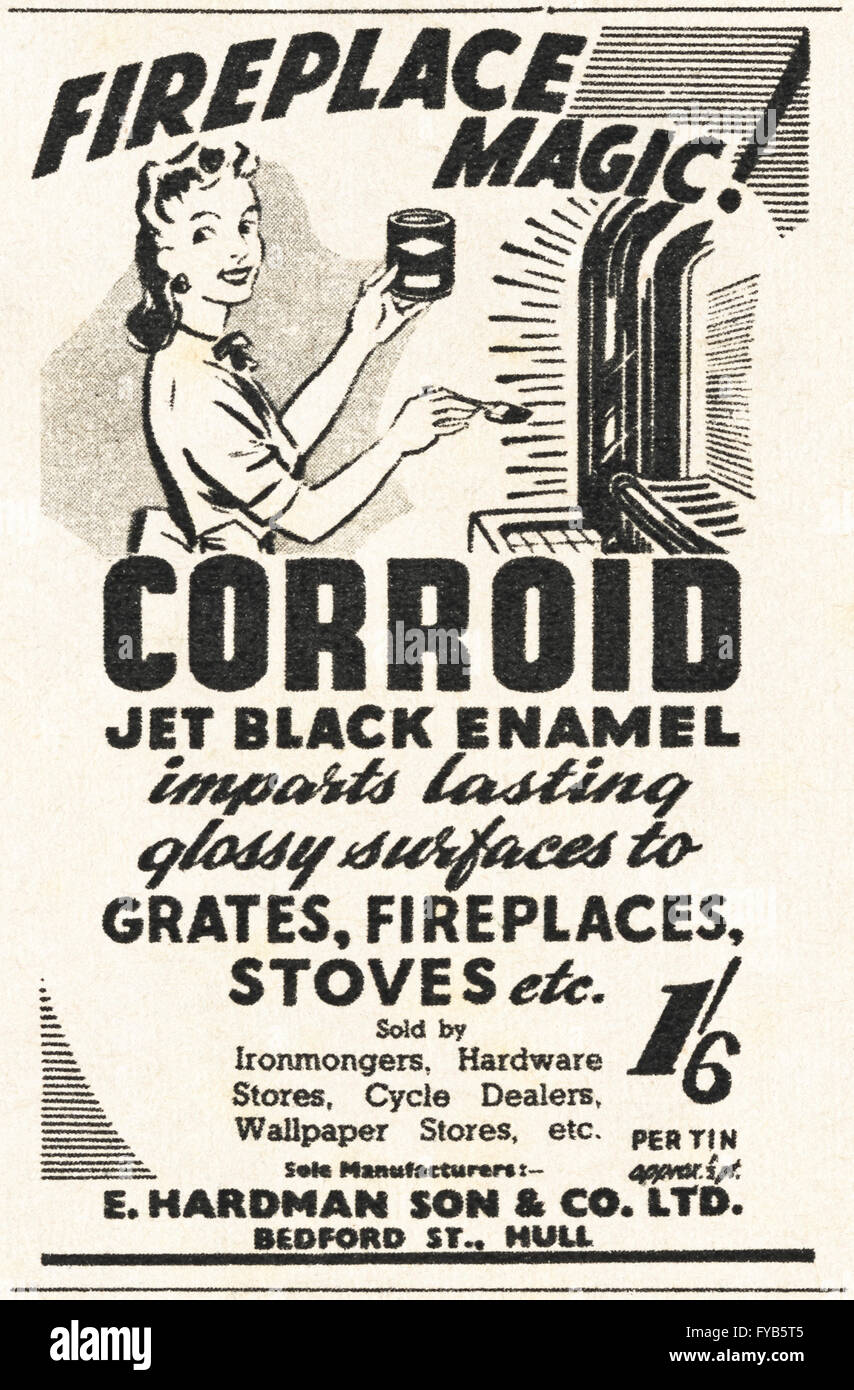 1940s original old vintage magazine advert from the WWW2 postwar era dated  1947. Advertisement advertising Corroid jet black enamel paint for grates,  fireplaces, stoves etc Stock Photo - Alamy
