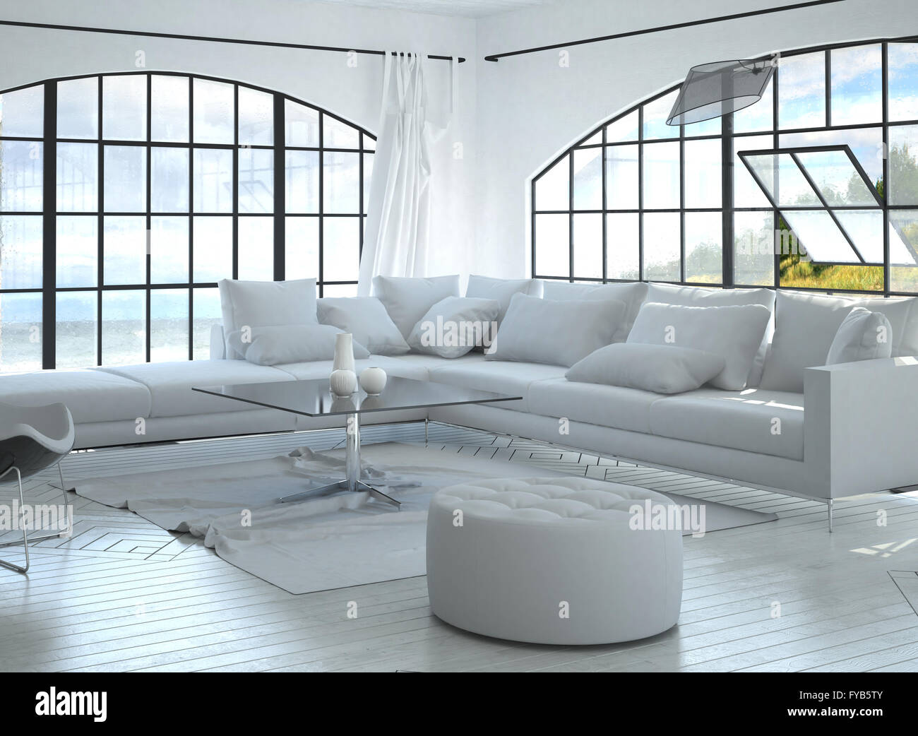 3d Render Interior Of Spacious Living Room With Glass Coffee Table White Sofa Matching Stool And Hilly Background Seen Through Large Pivoting Window 3d Rendering Stock Photo Alamy