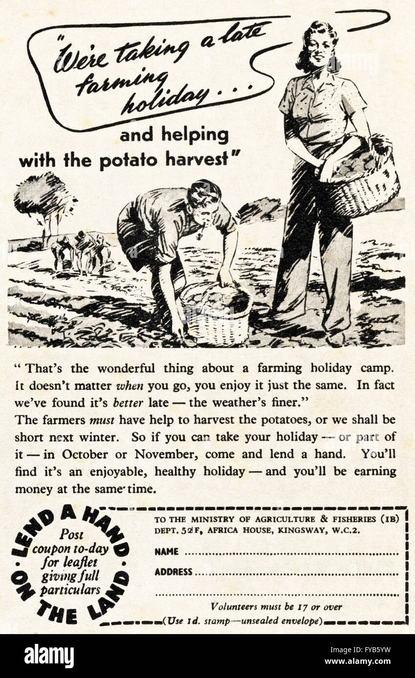 1940s original old vintage magazine advert from the WWW2 postwar era dated 1947. Advertisment advertising Lend a Hand On The Land by Ministry of Agriculture & Fisheries. Stock Photo