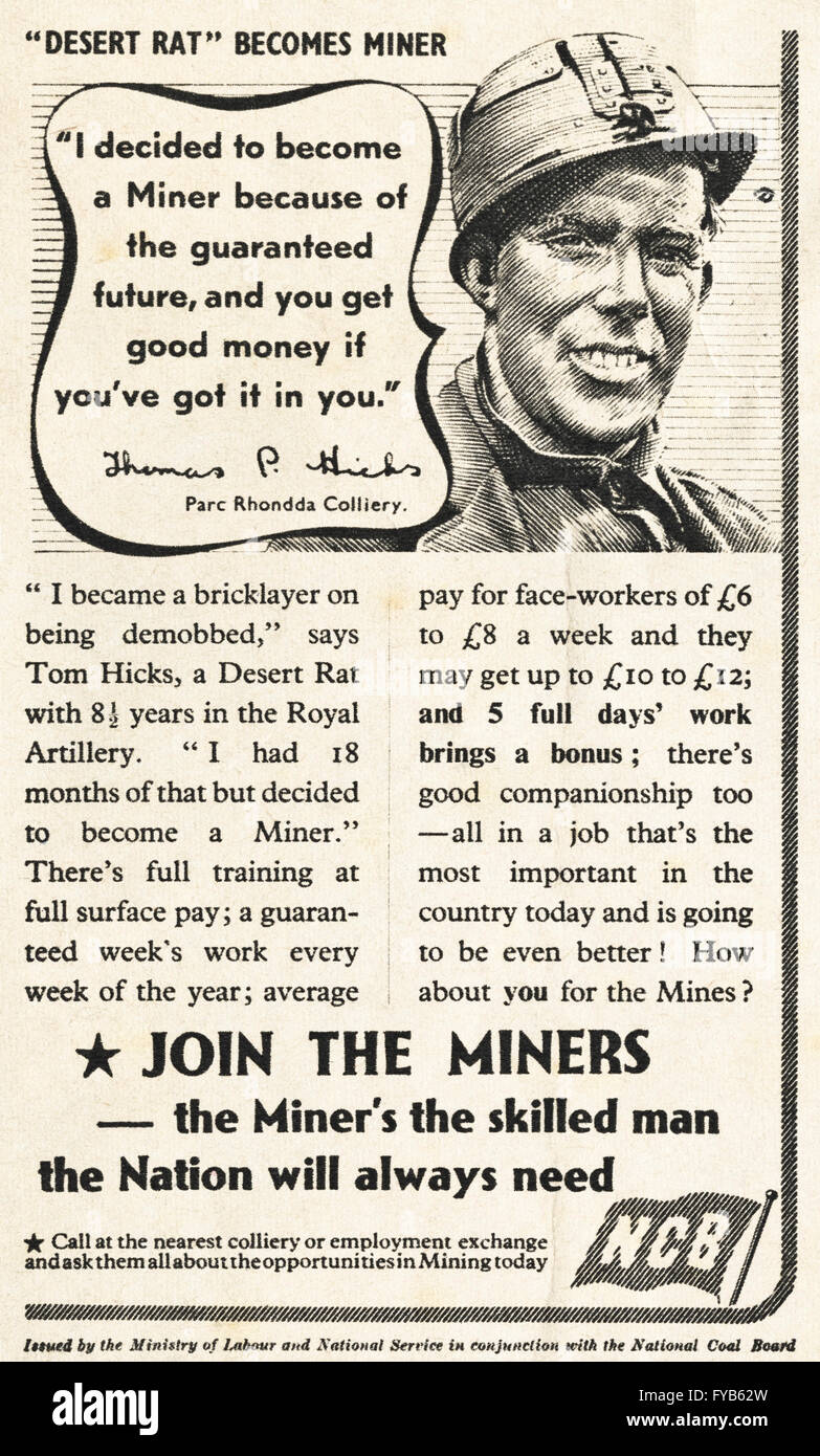 1940s original old vintage magazine advert from the WWW2 postwar era dated 1947. Advertisment advertising jobs for ex-soldiers to become miners by National Coal Board. Stock Photo