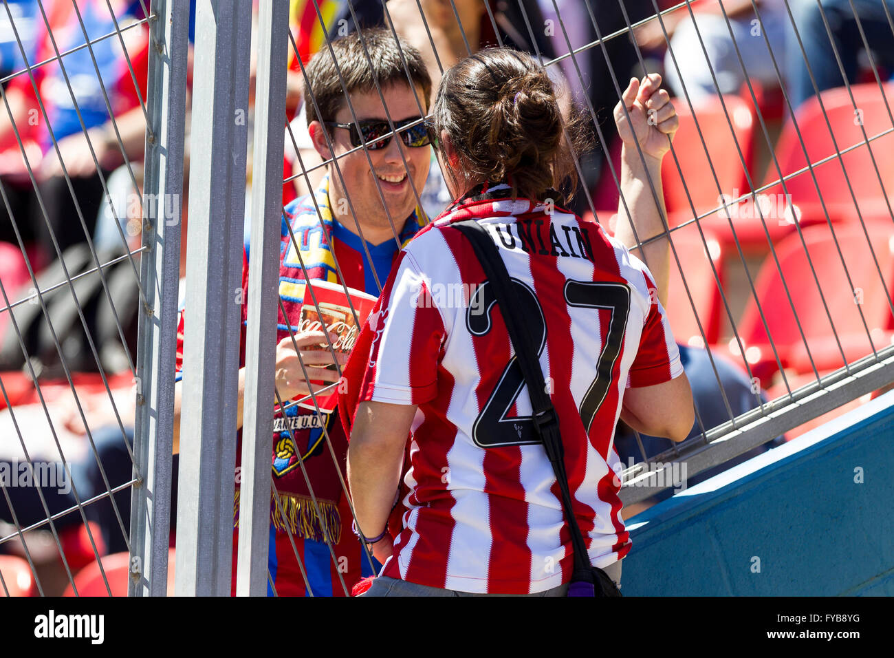 Valencia, Spain. 24th Apr, 2016. Levante ud and Athletic club de bilbao fans during La Liga match between Levante UD and Athletic de Bilbao at Ciutat de Valencia Stadium. Game ends where the Levante and Athletic Bilbao been tied at 2 goals. Credit:  Jose Miguel Fernandez de Velasco/Pacific Press/Alamy Live News Stock Photo