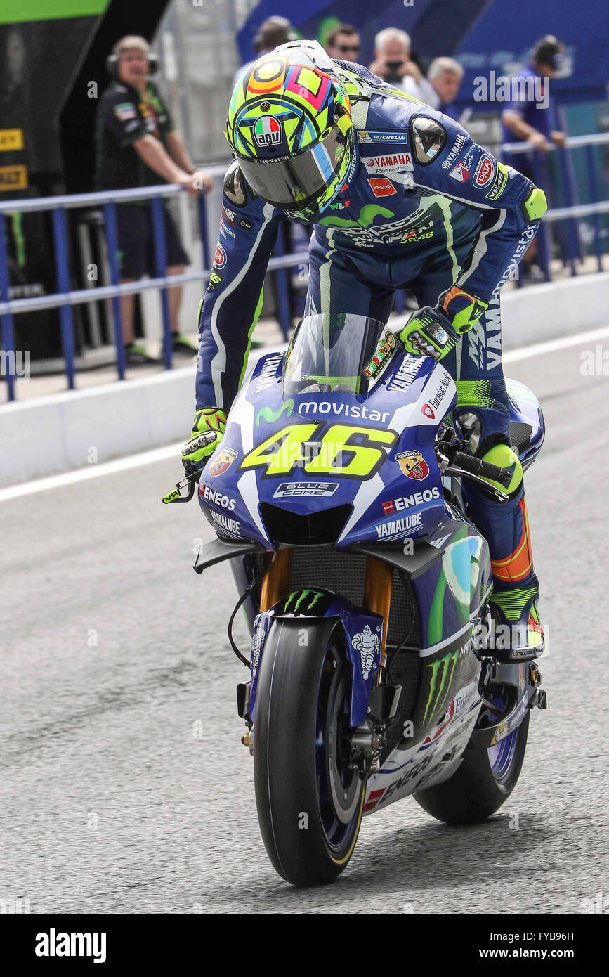 Jerez, Spain. 24th April, 2016. Valentino Rossi of Italy and Movistar  Yamaha MotoGP lifts the front wheel after crosses the finish line the MotoGP  race during the Spanish Moto Grand Prix at