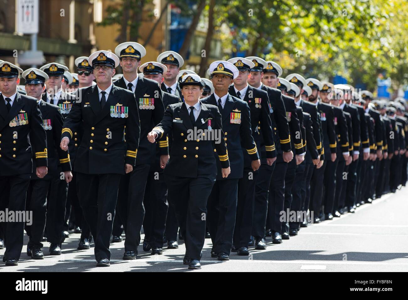 Sydney. 25th Apr, 2016. Photo taken on April 25, 2016 shows Australian royal navy team marching during the ANZAC Day Parade in Sydney, Australia. ANZAC Day is a national day of remembrance in Australia and New Zealand originally to honor the members of the Australian and New Zealand Army Corps (ANZAC) who fought at Gallipoli during World War I but now more to commemorate all those who served and died in military operations for their countries. Credit:  Zhu Hongye/Xinhua/Alamy Live News Stock Photo