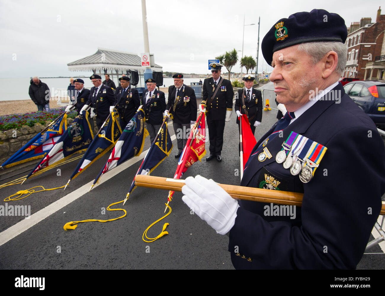 ANZAC Day Memorial Service, Royal British Legion standard bearers, Weymouth, Dorset, Britain, UK Stock Photo