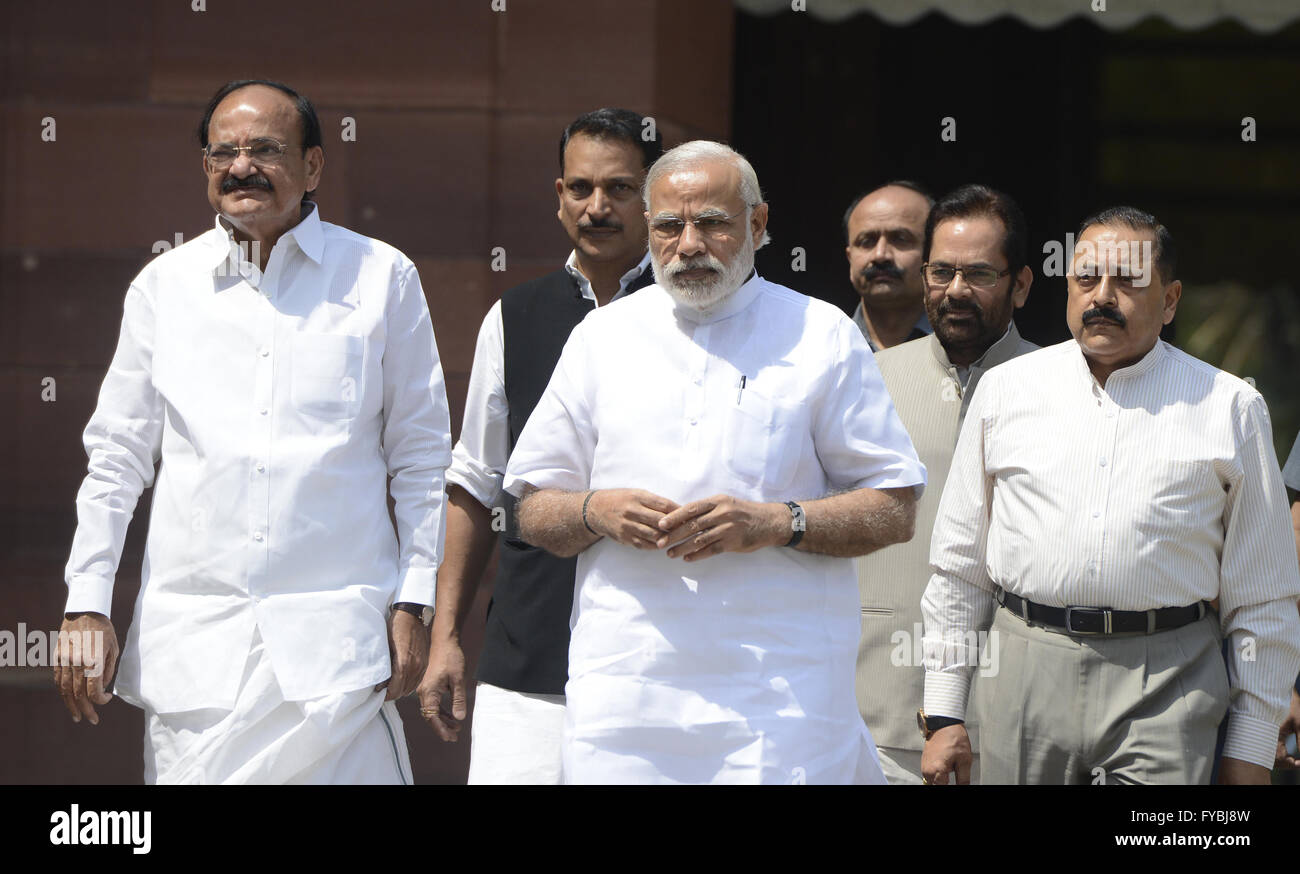 New Delhi, India. 25th Apr, 2016. Indian Prime Minister Narendra Modi (C, front), accompanied by his cabinet colleagues, arrives on the first day of the second half of the budget session in the parliament house in New Delhi, India, April 25, 2016. Credit:  Stringer/Xinhua/Alamy Live News Stock Photo