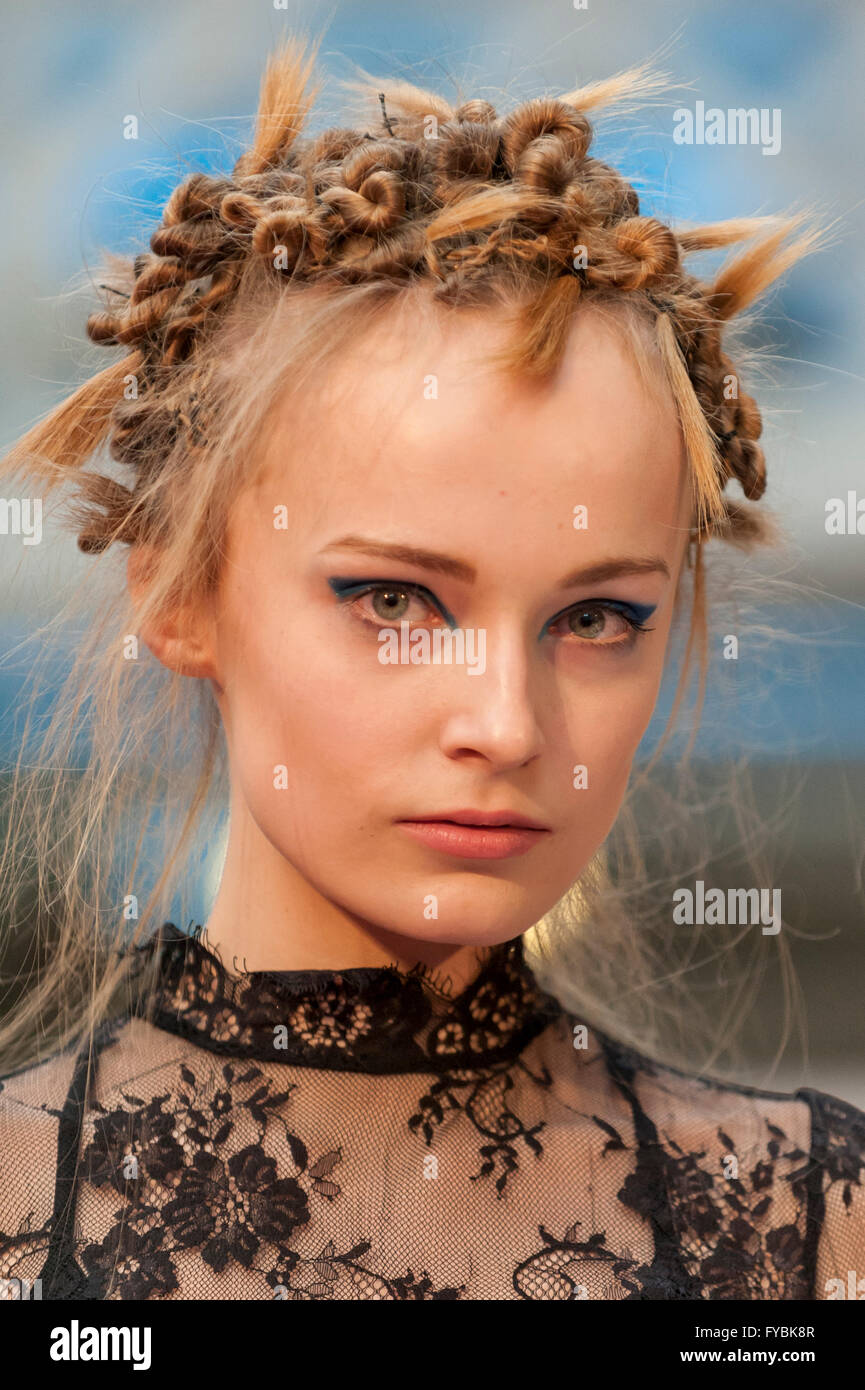 London, UK. 25 April 2016. A model at Pro Hair Live at Olympia in west