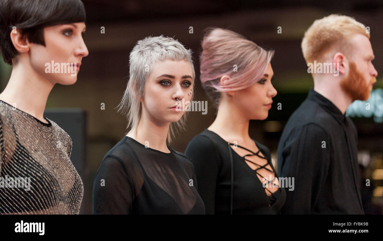 London, UK. 25 April 2016. Models with new hairstyles at Pro Hair Live