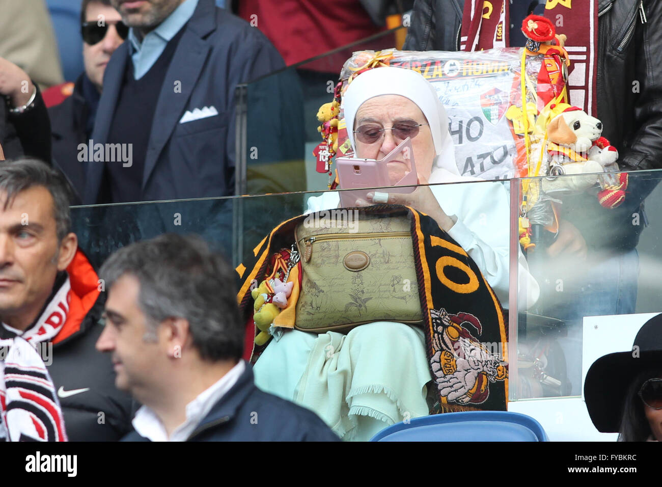 Rome, Italy. 25th April, 2016.  Sister supporter in tribune during fotball match  serie A  League 2015/2016 between A.s. Roma  vs Napoli  at the Olimpic Stadium  on april 25, 2016 in Rome. Credit:  marco iacobucci/Alamy Live News Stock Photo